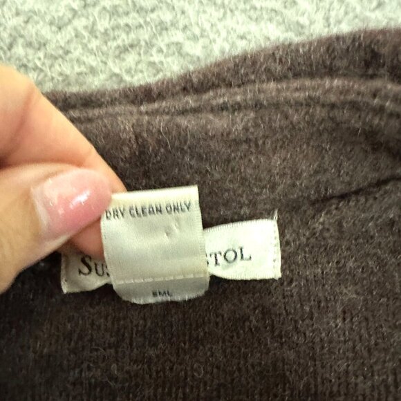 Susan Bristol Wool Cardigan Sweater Brown Open Ruffled Collar Hem Pockets - Picture 7 of 8